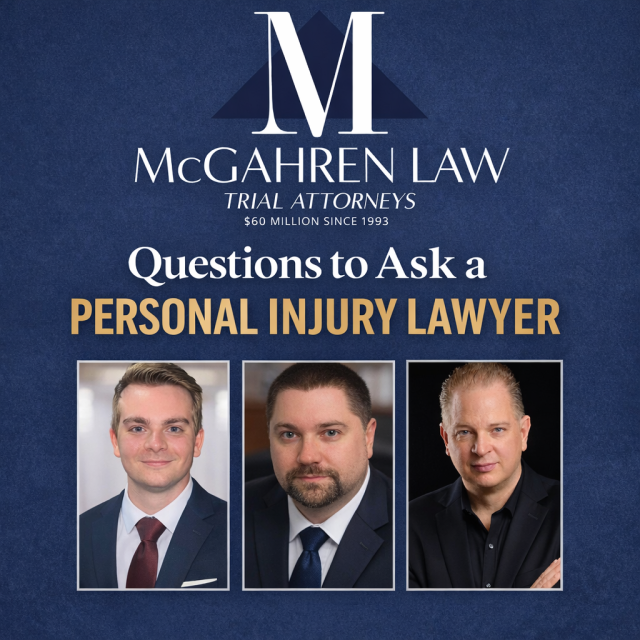 McGahren Law trial attorneys in professional suits promoting blog post “Questions to Ask a Personal Injury Lawyer” with navy and gold branding.
