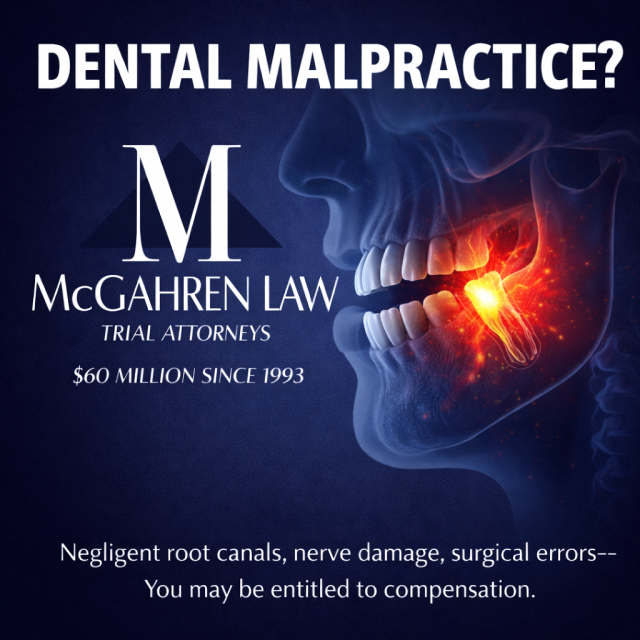 Dental malpractice legal advertisement showing a semi-transparent jaw with a glowing infected tooth nerve and McGahren Law branding offering representation for dental negligence cases.